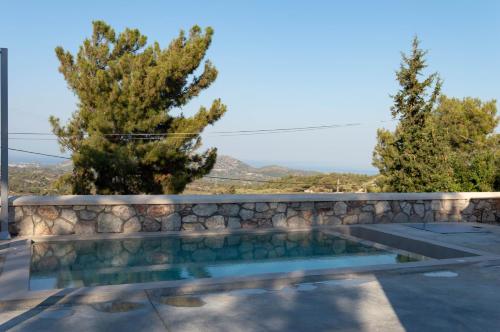 a swimming pool with a stone wall and trees at Villa Iliousa Grand in Psinthos