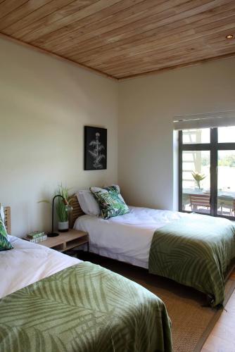 a bedroom with two beds and a window at Jardin de la Ferme in Franschhoek
