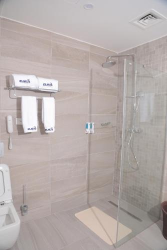 a bathroom with a shower and a toilet at Elmos Hotel in Addis Ababa