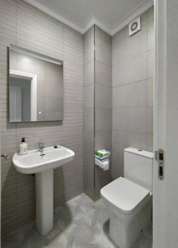 a bathroom with a sink and a toilet and a mirror at El Vitoriano in Roquetas de Mar
