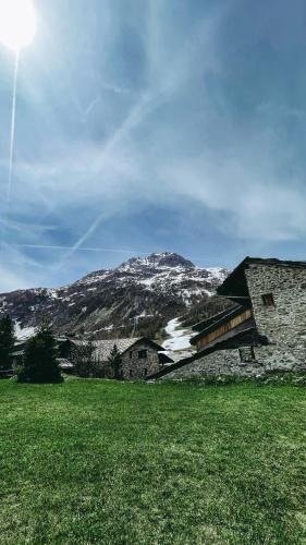 a building in a field with a mountain in the background at Appartement esprit chalet - splendide vue montagne à 180 in Val dʼIsère