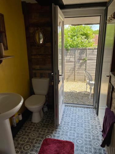 a bathroom with a toilet and a sink and a door at Yarm cottages Haystack Sleeps 2 Next to Fox Covert Pub in Kirk Leavington