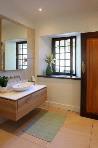 a bathroom with a sink and a large mirror at Jardin de la Ferme in Franschhoek