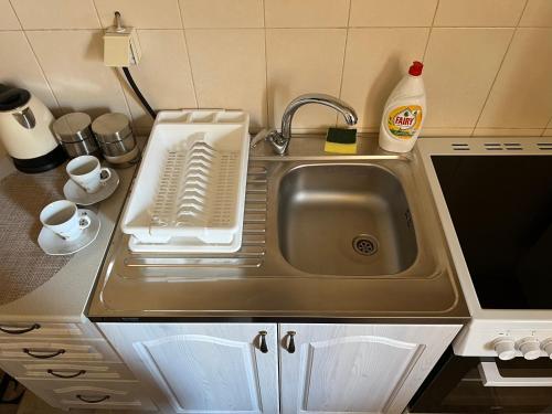um lavatório de cozinha com um suporte para secar pratos em Green Hills II by Rent a car MI em Podgorica
