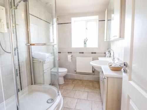 a bathroom with a shower and a toilet and a sink at Maesbury Manor in Oswestry