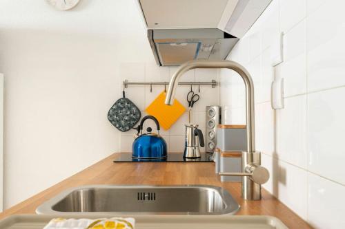 - un évier de cuisine avec une bouilloire pour le thé bleu dans l'établissement Anthoard, à Grenoble