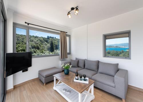 a living room with a couch and a tv at Aspasia's mansion in Lygia