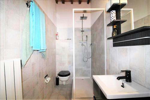 a bathroom with a shower and a toilet and a sink at Lo Scricciolo in Montecastelli Pisano