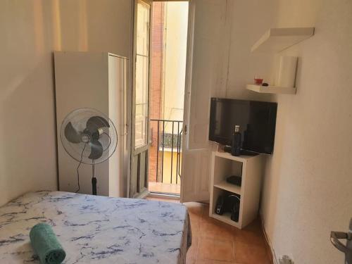 Zimmer mit einem Bett, einem Ventilator und einem TV in der Unterkunft Parque El Retiro Madrid in Madrid