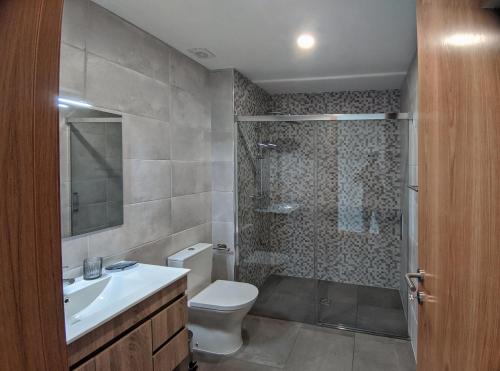 a bathroom with a shower and a toilet and a sink at Casa João Eusébio 2 in Ponte de Lima
