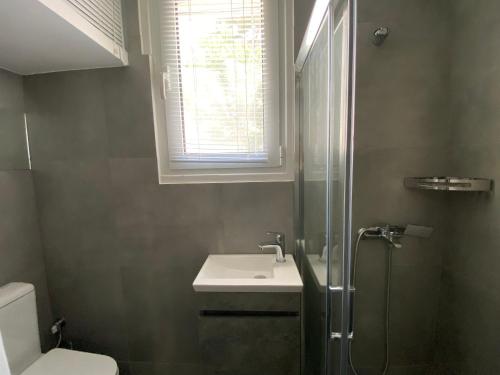 a bathroom with a sink and a shower at Tiny Little House in Athens