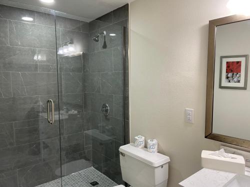 y baño con ducha y aseo. en Remodeled, Huge Pool, Tiki Bar & Grill, Quiet Room, en Sarasota