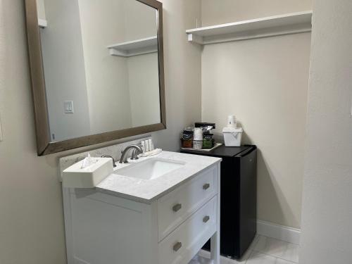 a bathroom with a white sink and a mirror at Remodeled, Huge Pool, Tiki Bar & Grill, Quiet Room in Sarasota