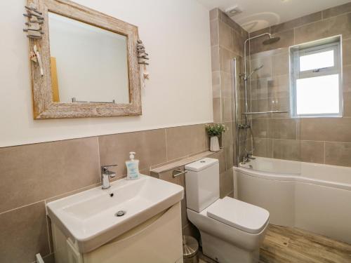 een badkamer met een toilet, een wastafel en een spiegel bij Meadow View in Ashbourne