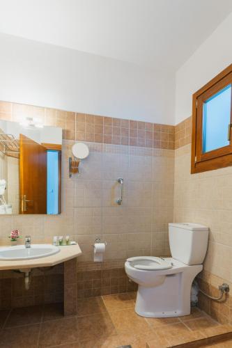 a bathroom with a toilet and a sink and a mirror at Archontiko Anemos in Makrinítsa