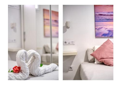 two pictures of a room with a bed and a towel swan statue at Los Molinos Luxury y Relax in Costa Teguise