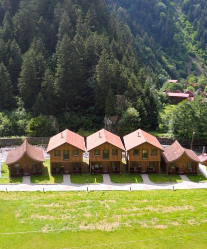 an aerial view of a lodge with mountains in the background at Raha Villa Bungalow in Uzungol