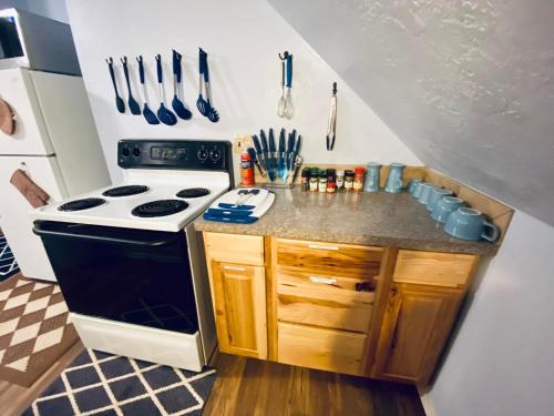 Il comprend une petite cuisine équipée d'une cuisinière et d'un comptoir. dans l'établissement Diamond Apartment -Downtown Location, à Lawton