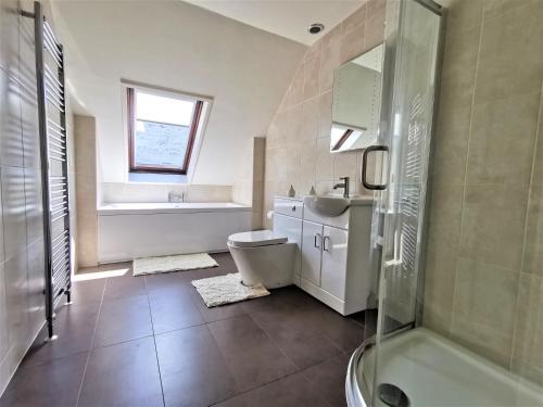 a bathroom with a toilet and a sink and a tub at Wellstone Cottages - Coach House in Pembrokeshire