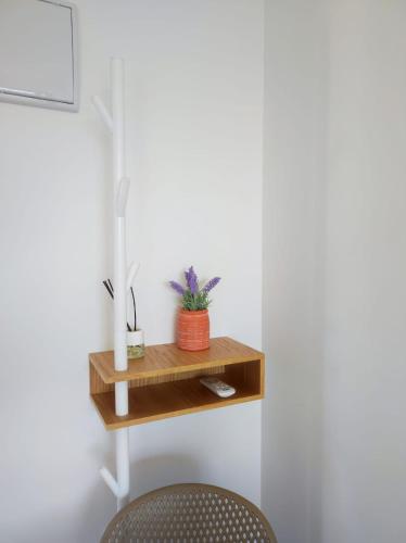 a small wooden shelf with a plant on it in a room at Cabañas Alcobas do Sil Ecoturismo in Parada del Sil