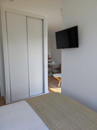 a bedroom with a bed with a flat screen tv at Cabañas Alcobas do Sil Ecoturismo in Parada del Sil