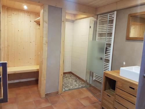 a bathroom with a shower and a sink at Le Saint moulin de La Petite Pierre in Lohr