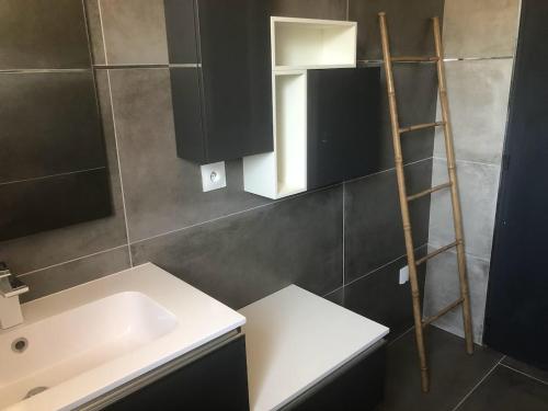 a bathroom with a white sink and a ladder at MAISON FAMILLE in Saint-Gervais