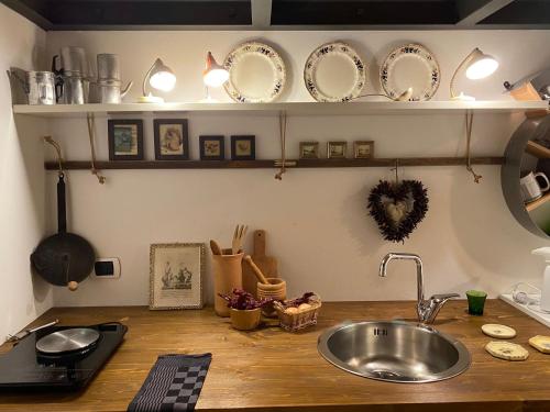 a kitchen counter with a sink and plates on shelves at Le tre scimmiette in Lanciano