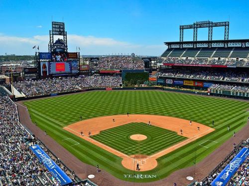 an aerial view of a baseball game in a stadium at 3329 W 31st in Denver