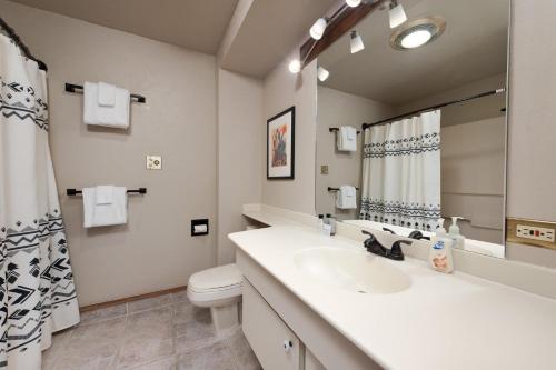 une salle de bain avec un lavabo, des toilettes et un miroir dans l'établissement Tamarron Lodge Studio 512, à Durango
