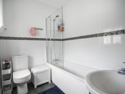een witte badkamer met een toilet en een wastafel bij Rooby's Retreat in Lyme Regis