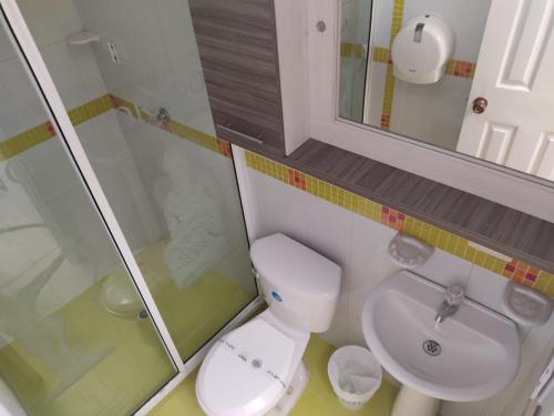 a bathroom with a toilet and a sink and a shower at Aparta-Hotel El Dorado in Aguadas