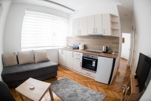 a living room with a couch and a kitchen at APARTMAN TEA 3 in Čukarica