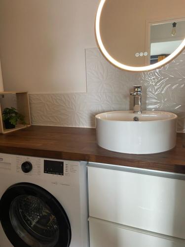 a bathroom with a sink and a washing machine at Appt centre de Courseulles - 100m de la plage in Courseulles-sur-Mer