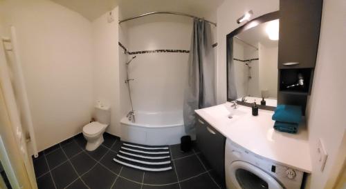 a bathroom with a shower and a toilet and a sink at Chez' toi Gex, proche de Genève & stations de Ski in Gex