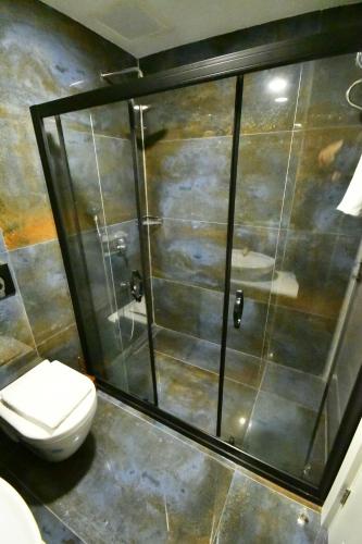 a bathroom with a toilet and a glass shower at Snowflake Dag Hotel & SPA in Sarıkamıs