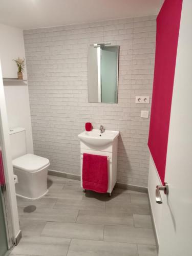 La salle de bains est pourvue d'un lavabo, de toilettes et d'un miroir. dans l'établissement ALOJAMIENTO RURAL EL CARRIL, à Pegalajar