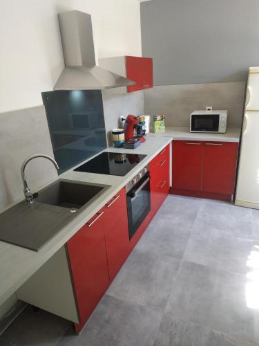 une cuisine avec des armoires rouges et un évier dans l'établissement Le New York de Marchaux 2, à Marchaux