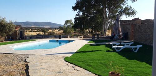 a backyard with a pool and an umbrella and grass at CASA RURAL LA VEGUILLA in Fuente del Arco