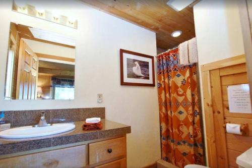 een badkamer met een wastafel en een spiegel bij Red Cedar in West Yellowstone