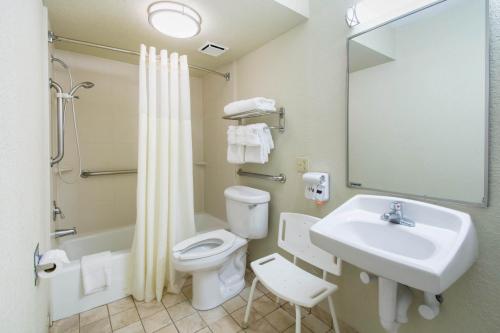 a bathroom with a sink and a toilet and a mirror at Quality Inn Daytona Speedway - I-95 in Daytona Beach