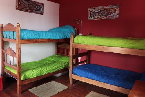 Habitación con 2 literas de color verde y azul. en Hostel Cultural Casa Taller en Bahía Blanca