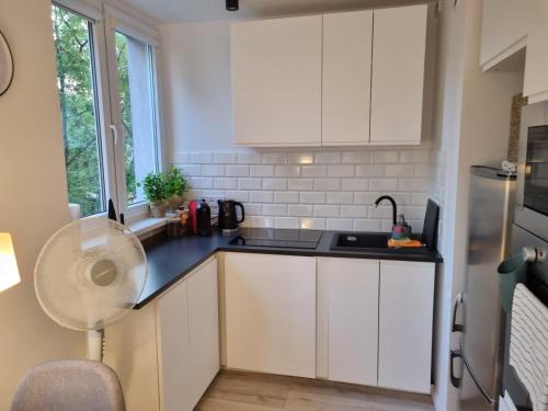 eine Küche mit weißen Schränken und einem Waschbecken in der Unterkunft Nowoczesny apartament w sercu Wrocławia in Breslau