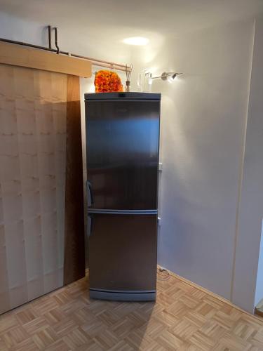 a black refrigerator in a kitchen with a vase of flowers at Apartment Sawetz - Ptuj in Ptuj