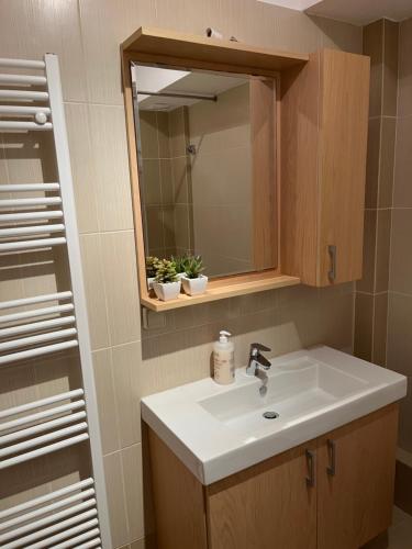 uma casa de banho com um lavatório e um espelho em Porto Rafti Holiday Apartment em Porto Rafti