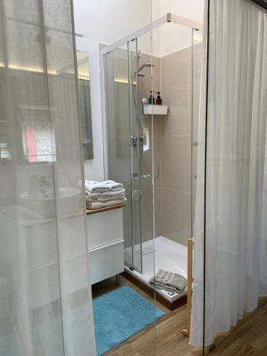 a bathroom with a glass shower with a blue rug at Onda Marina B&B Superior in Marano Lagunare