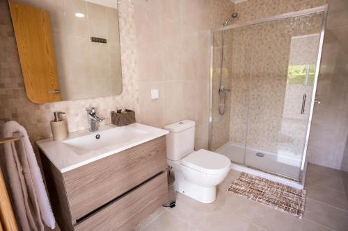 uma casa de banho com um WC, um lavatório e um chuveiro em Casa Vereda, Ponta Delgada, S. Miguel em Ponta Delgada