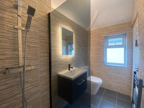 a bathroom with a sink and a toilet and a shower at Beautiful 3 bedroom house with garden + Parking in Oxford