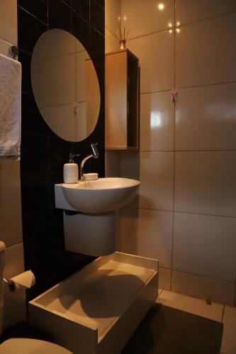 a bathroom with a sink and a mirror at Edícula Próxima a Praias! in São Luís