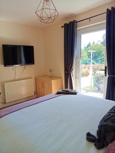 a bedroom with a bed with a tv and a window at Mary's place in Castlewellan